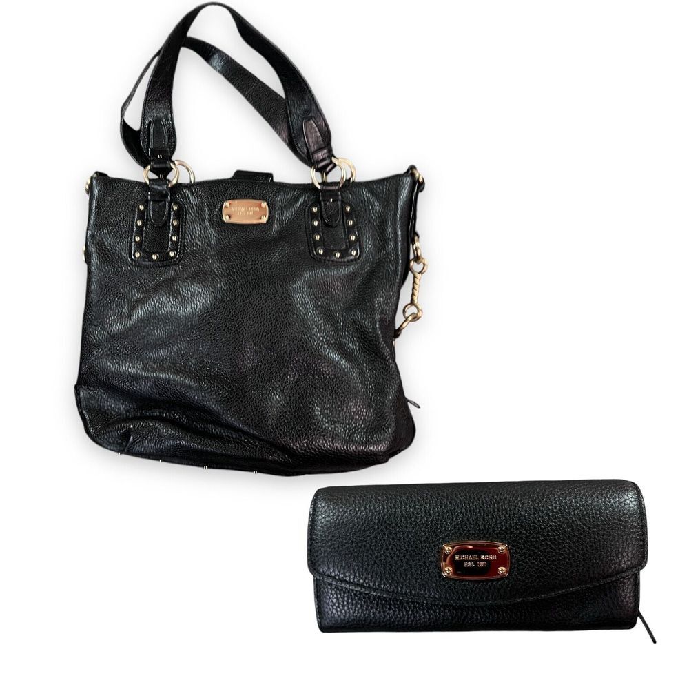 Michael Kors Leather Tote Wallet Set Large Black Big Valley Stud Travel Handbag